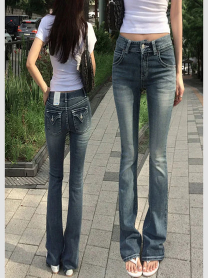 Gothic Buddha Head Womens Jeans Y2K Clothes Hip Hop Pocket Embroidery Vintage Blue Baggy Jeans Low Waist Wide Leg Trousers
