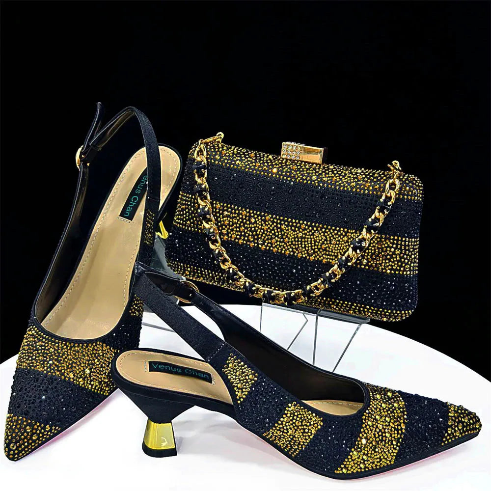 Elegant High Heels Shoes and Bag Set for Women Pointed Toe Black Color Hollow Rhinestones Matching Bag INS 2024