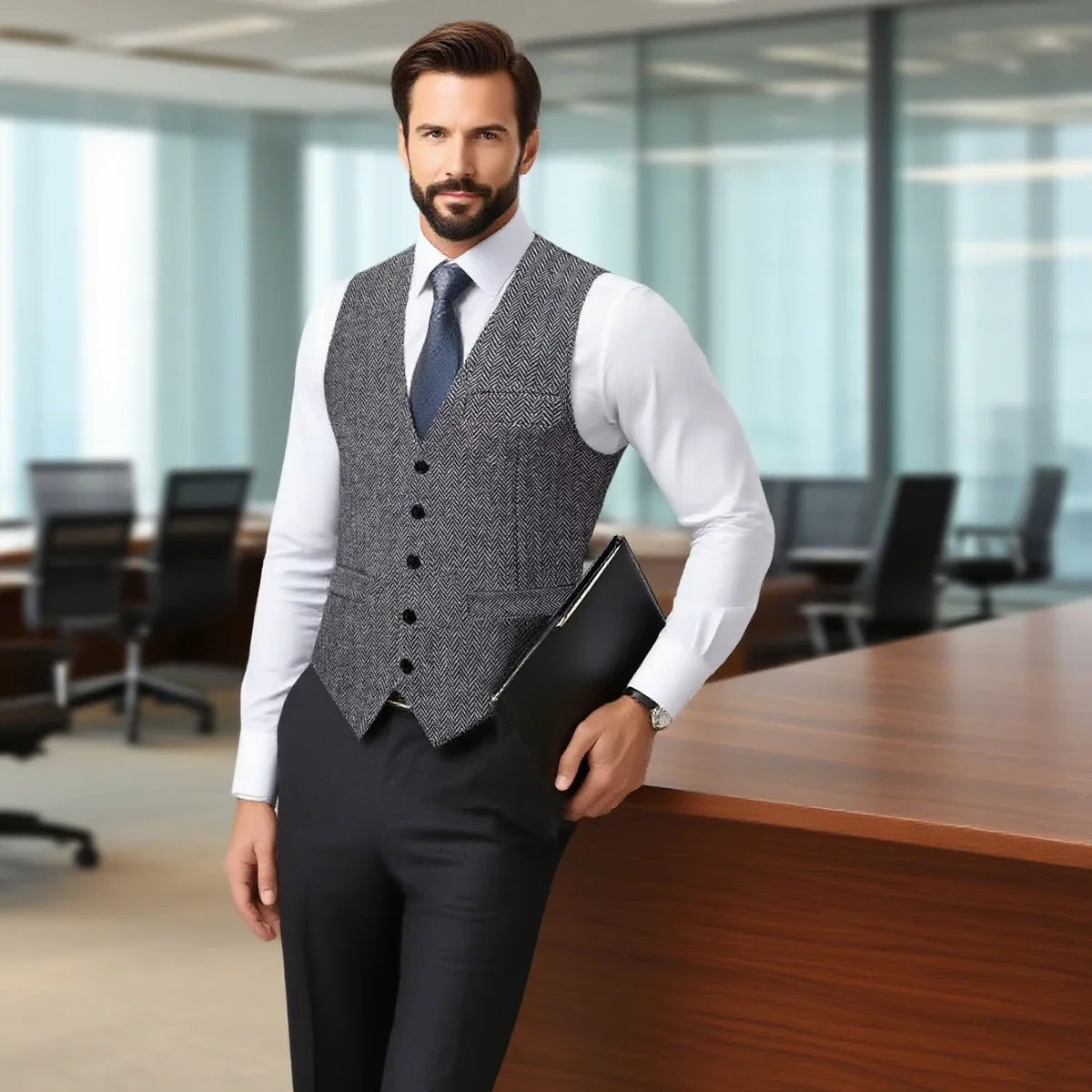 Men's Suit Vest Solid Color European Herringbone Suit Waistcoat Business Casual Working wear Retro Single Breasted Pattern Vest