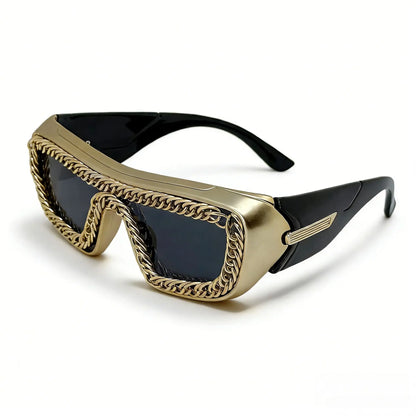 Luxury Gold Chain Small Rectangle Sunglasses Man Thick Frame Punk Rock Hip Hop Party Cool Shades UV400 gafas sol hombre