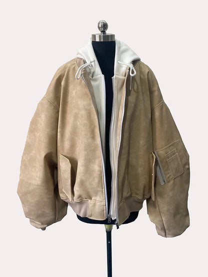 Spring Oversized Vintage Black Faux Suede Leather Jacket Men Zipper Fake 2 Piece Luxury Designer Clothes Hoodie 2024