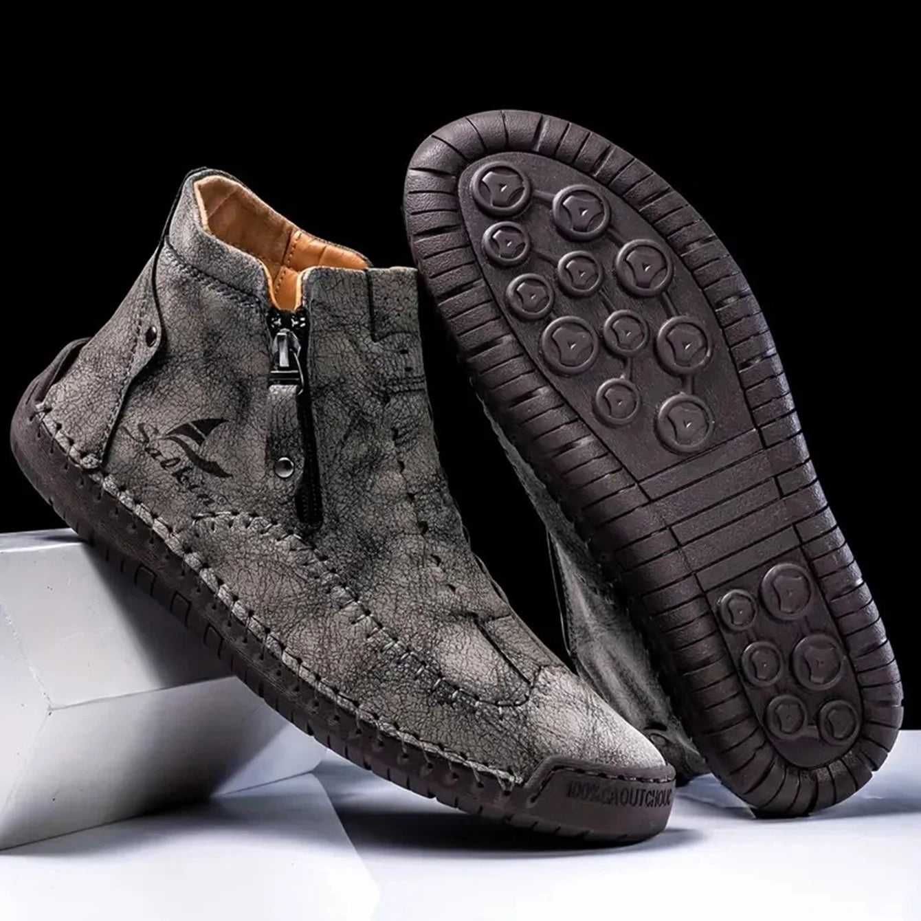 Men's Hand-Sewn High-Top Boots, Fashionable Side-Zip Casual Shoes, All-Season Outdoor Boots, Large Size Men's Shoes, Comfortable Bare Boots