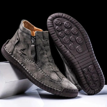 Men's Hand-Sewn High-Top Boots, Fashionable Side-Zip Casual Shoes, All-Season Outdoor Boots, Large Size Men's Shoes, Comfortable Bare Boots
