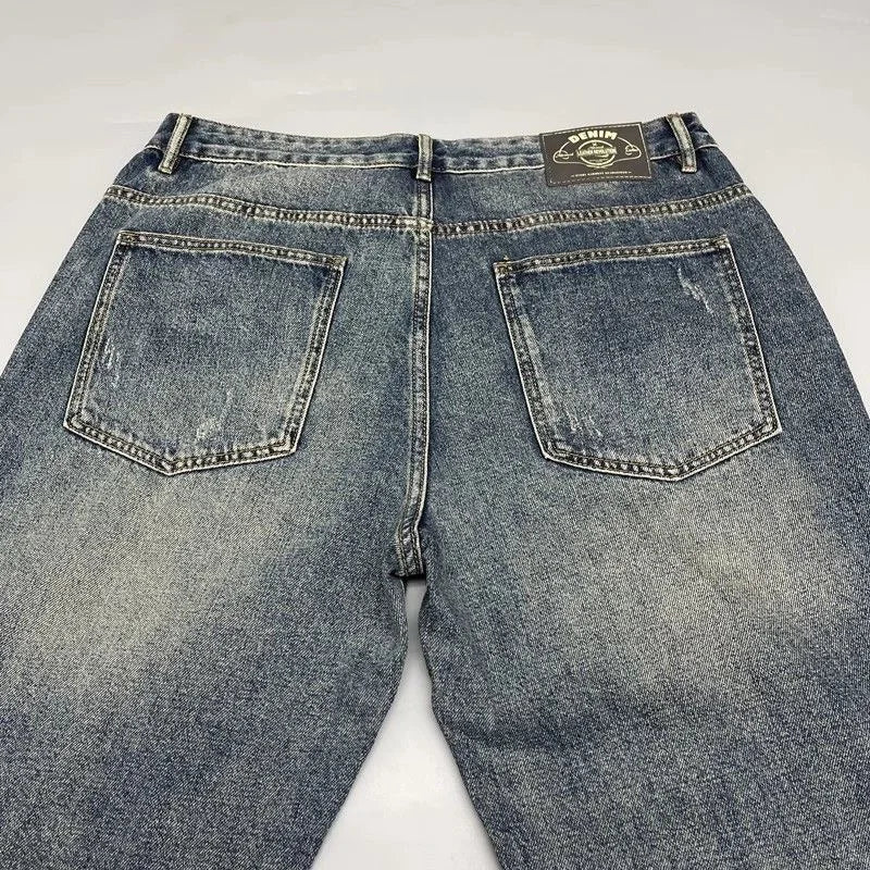 Autumn and Spring New Fashion Trend Pure Color Retro Straight Leg Jeans Men's Loose Sports Plus Size High Quality Denim Pants