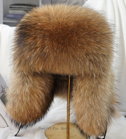 2026 Cap 100% Raccoon Dog Full Fur Fox Fur Hat Men's Fur Ear Protection Winter Thickened and Warm Russian Hat Men's Trend