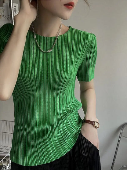 Miyake Pleated Short Sleeve Women's 2023 Summer New Thin Stretch Crew Neck All-Matching Slim Fit Pleated Hollow T-shirt Women