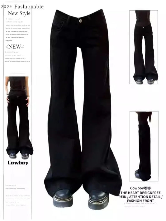 Women Korean Vintage Abi Y2k Low Rise Denim Flare Pants Simple Jean Bell-Bottom Japanese Long Trousers Grunge Dark Academia New