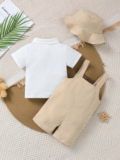 3pcs Baby Boy Outfit: Bear Patterned Romper + Hat + Polo Shirt, Comfortable Spring & Summer Cute Little Gentleman Gift Set