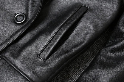 Genuine Leather Jacket Men's Top Layer Cowhide Jacket Mid-Length Men's Lapel Windbreaker Slim-Fit Jacket Double-Breasted