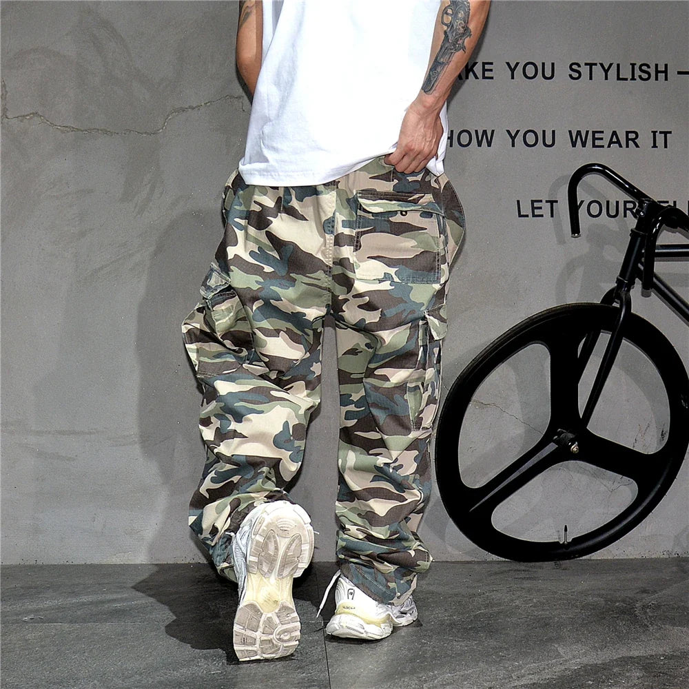 Heavy weight Tactical Cargo Pants For Men Vintage Camo Multi-Pocket Loose Fit Straight Leg Outdoor Streetwear Casual Trousers