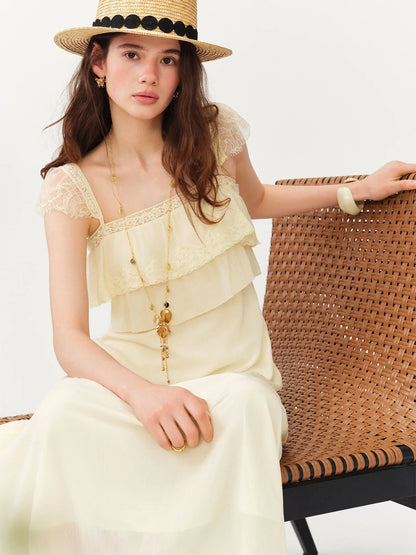 2026 Summer Women's Cap Sleeve Ruffle Hem Slip Dress, Slim Fit Flowy Maxi Dress for Y2K Coquette & Romantic Vacation Style