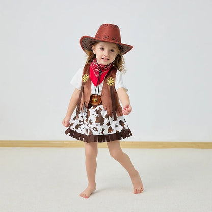 4/5 Pcs Set Girls Cowboy Role Play Skirt Clothes Vest Set Skirt Sets Kids Spring Autumn Halloween Cosplay Performance Costumes