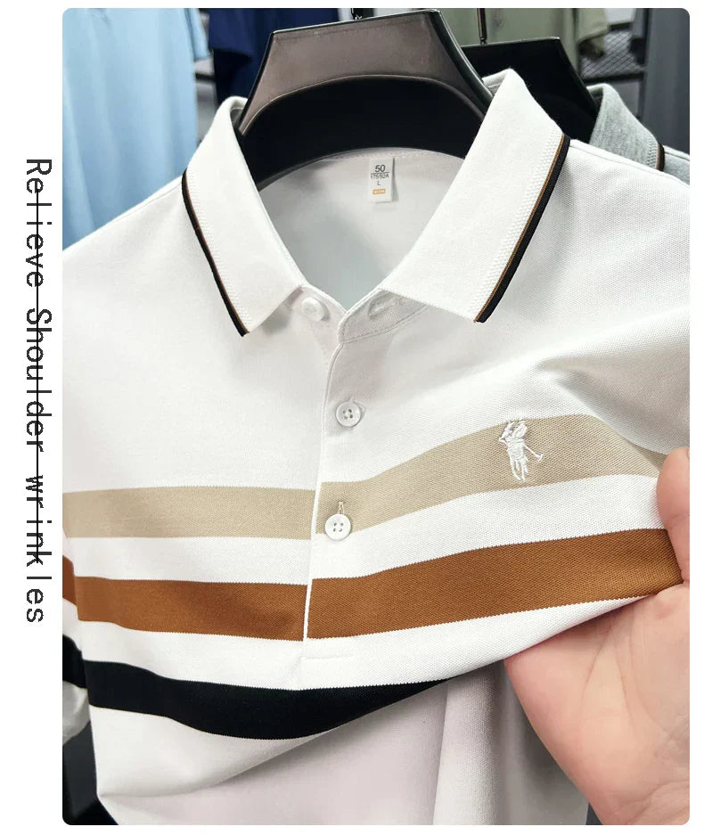 Boutique cotton short sleeve men's polo shirt 2025 summer fashion striped high-end flip collar top casual youth business T-shirt