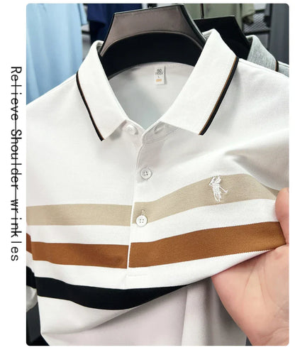 Boutique cotton short sleeve men's polo shirt 2025 summer fashion striped high-end flip collar top casual youth business T-shirt