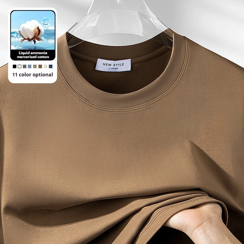 Plus Size 4XL 5XL Liquid Ammonia Mercerized Cotton T-shirt For Men Summer Cool Feeling Round Neck Top Clothes Short Sleeve Tees