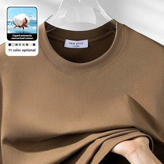 Plus Size 4XL 5XL Liquid Ammonia Mercerized Cotton T-shirt For Men Summer Cool Feeling Round Neck Top Clothes Short Sleeve Tees