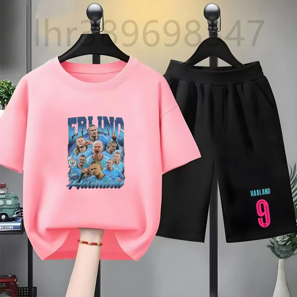 Summer Tees Football Famous General Print Set Suitable Children Short Sleeve Girls Boy Set Tshirt+Shorts 2pcs Kids Clothing