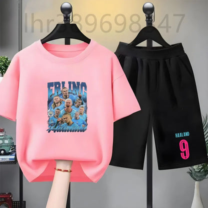 Summer Tees Football Famous General Print Set Suitable Children Short Sleeve Girls Boy Set Tshirt+Shorts 2pcs Kids Clothing