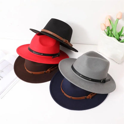 With Belt Buckle Felt Fedora Hats Fashion Vintage Wide Brim Panama Cap Soft Elegant Cowboy Cap Men Women