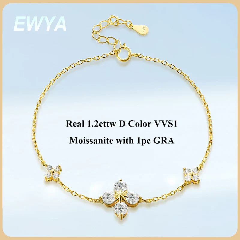 Clover GRA Certified 1.2cttw Moissanite Diamond Link Bracelet for Women 925 Silver Plated 18k Gold Hand Chain Bracelets