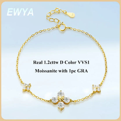 Clover GRA Certified 1.2cttw Moissanite Diamond Link Bracelet for Women 925 Silver Plated 18k Gold Hand Chain Bracelets