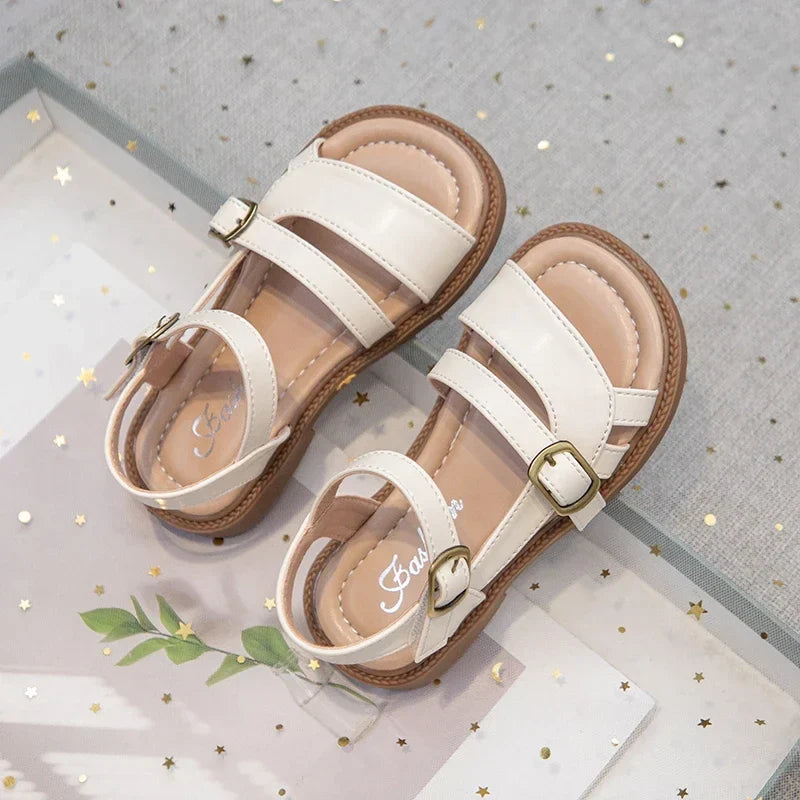 Girls Roman Sandals Open Toe Little Kids Leather Sandals with Buckle Open Toe Children Summer Beach Shoes Non-Slip Soft Sole