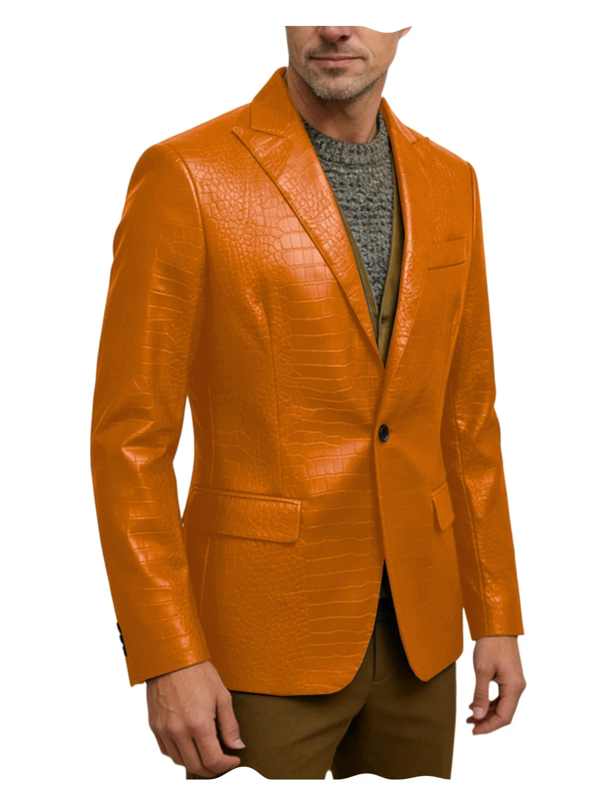 Vintage Men's Crocodile Embossed Leather Blazer Notch Lapel 1 Button Jacket Business Casual Formal Luxury Coat With Flap Pockets