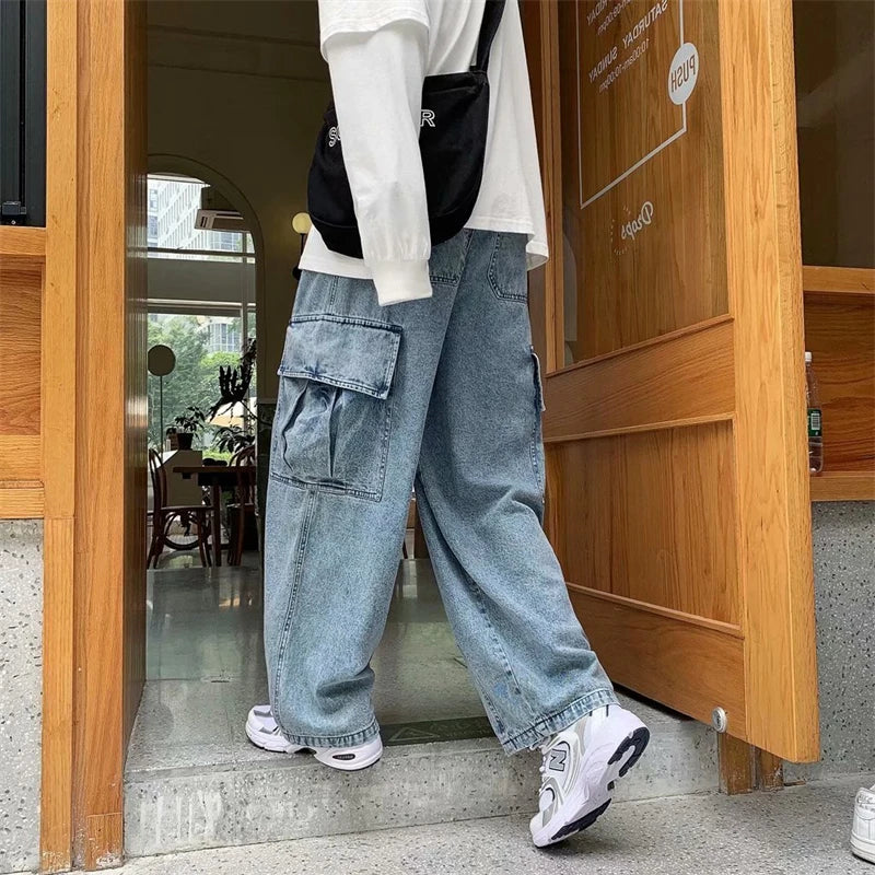 Baggy Jeans Men's Oversize Streetwear Fashion Wide Leg Cargo Pants Hip Hop Harajuku Multi-Pocket Denim Trousers Black Blue