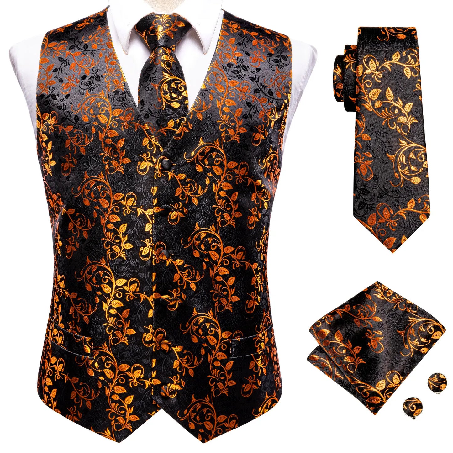 Jacquard Silk Mens Waistcoat Tie Set Sleeveless Jacket Necktie Hanky Cufflinks Suit Gold Blue Black Vest Wedding Business