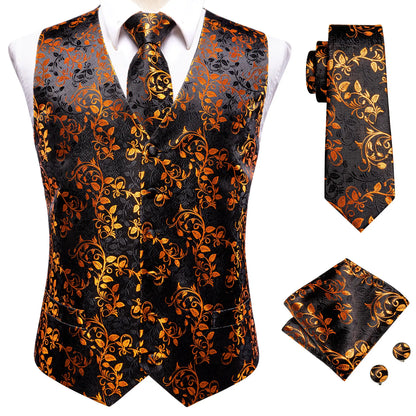 Silk Mens Waistcoat Tie Set Gold Brown Orange Beige Ivory Khaki Bronze Sleeveless Jacket Suit Vest Necktie Hanky Cufflink