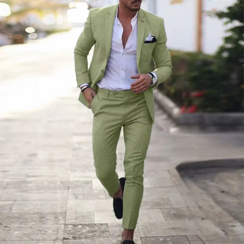 Men's Linen Suit 2 Piece Slim Fit Suit Summer Beach Wedding Suit Groosmen Prom Tuxedo Linen Blazer Pants Set