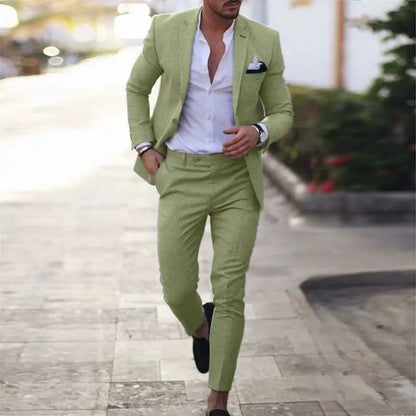 Men's Linen Suit 2 Piece Slim Fit Suit Summer Beach Wedding Suit Groosmen Prom Tuxedo Linen Blazer Pants Set