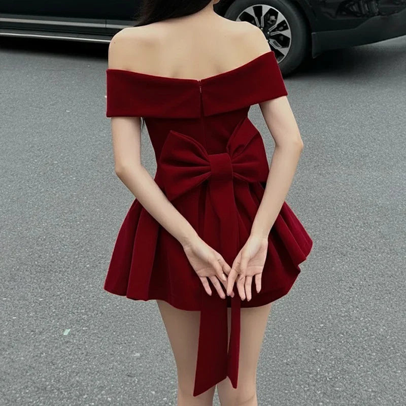 Fashion Red Bowknot Mini Dress Straps Square Collar Sleeveless Backless Vintage Cute Ladies Slim Party Short A-line Dresses