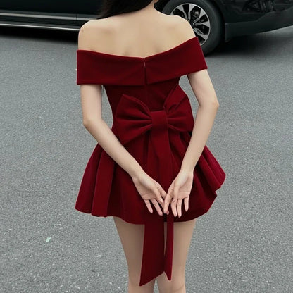 Fashion Red Bowknot Mini Dress Straps Square Collar Sleeveless Backless Vintage Cute Ladies Slim Party Short A-line Dresses