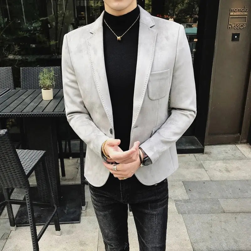 Spring Vintage Suede Suit Jacket Men Casual Business Slim Fit Blazer Deerskin Leather Jacket Men Wedding Street Wear Social Coat