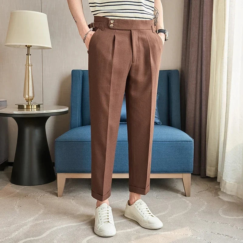 British Style Naples Men's High-end Linen Pants High Waist Straight Slim Fit Casual Trousers High Quality Solid Social Suit Pant