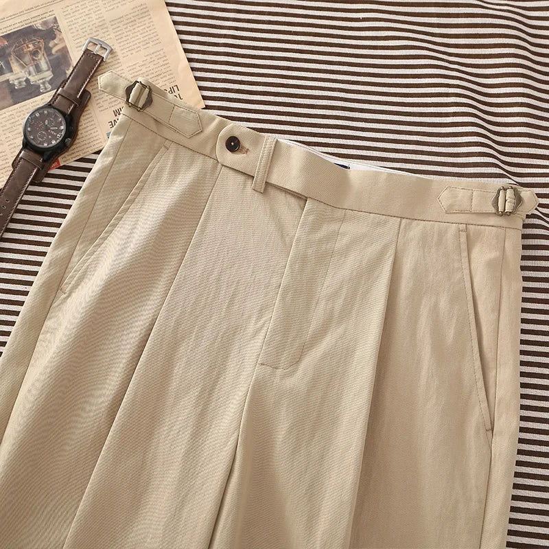 Casual style, blended fabric, men's light khaki twill relaxed straight-fit casual pants with Parisian button, cotton