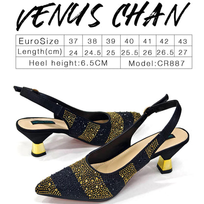 High Heels Shoes for Women Embroidery Rhinestone Italian Design Gold Color Pointed Toe Shoes and Bags Set Fashio