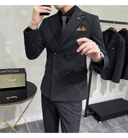 2025 High-quality Korean Version Slim-fit Business (Suit + Vest + Trousers) Striped Double-breasted Suit Three-piece Set
