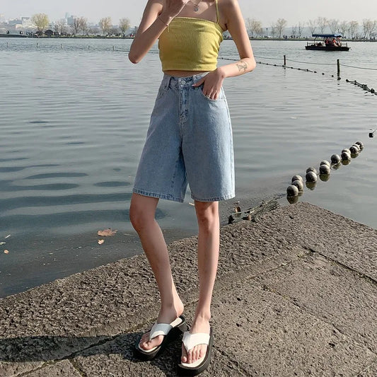 Summer Vintage High Waist Bermuda Shorts Jeans Women Korean Casual Wide Leg Denim Shorts Streetwear Loose Middle Short