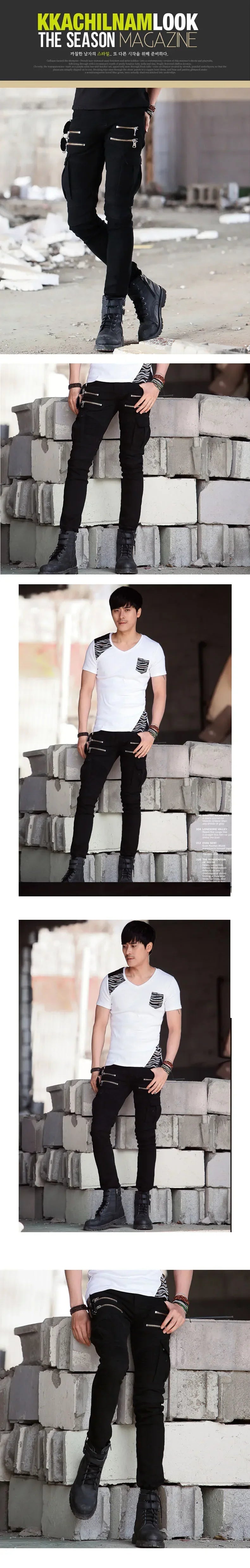 Fashion Fold Men Jeans Stretch Pleated Biker Cargo Jeans Zipper Skinny Slim Fit Trouser Hiphop Punk Multi Pocket Denim Pant Male