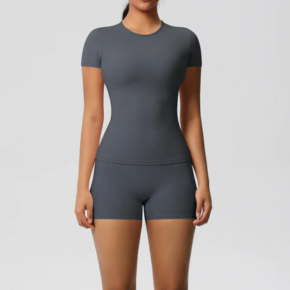 Workout Sportswear 2Pcs Piece Female Yoga Shirt Push Up Workout Clothes Women Outdoors Sport  High Waist  Fitness Sport Shorts