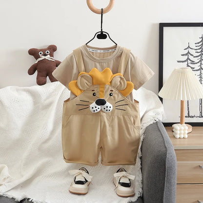 New Toddler Summer Baby Boys/Girls Clothes Children Solid T-Shirt+Cartoon Lion Bib Pants 2Pcs/Set Infant Kids Fashion Tracksuits
