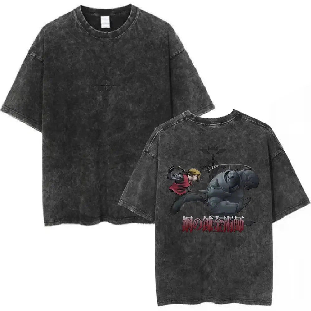 Anime Fullmetal Alchemist Washed T Shirts Edward Elric Alphonse Elric T-Shirt Men's Women Fashion Casual Oversized T-shirts Tops