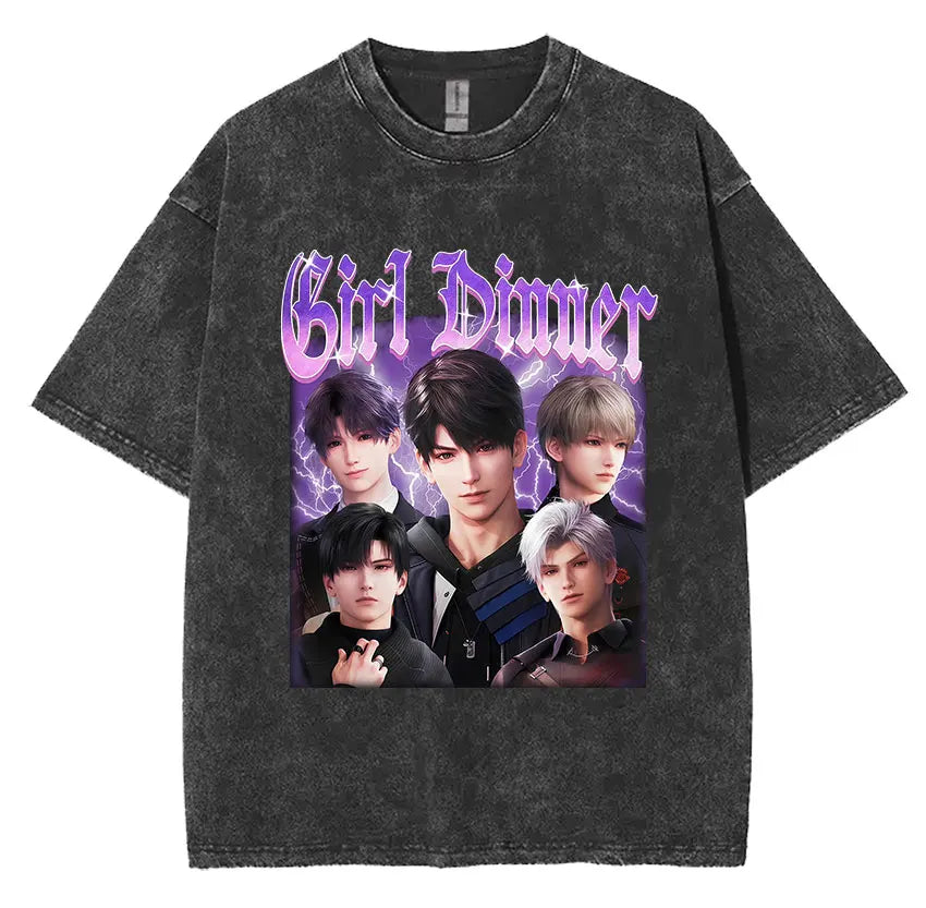 Sylus Love and Deepspace Vintage Washed T Shirts Girl Dinner Summer Harajuku Graphic T-Shirt Men's Women Oversized Cotton Tshirt