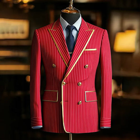 Men's Pinstripe Blazer Double Breasted Slim Fit Peaked Lapel With Gold Trim Formal Suit Jacket  For Groomsman Wedding Prom Hot