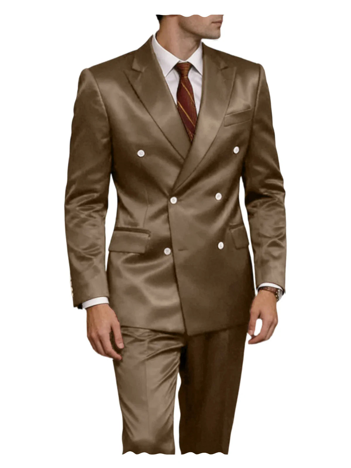 Luxury Men's Shiny Satin 2 Piece Suit Peak Lapel Double Breasted Jacket Pants Elegant Slim Fit Formal Tuxedo for Wedding Party