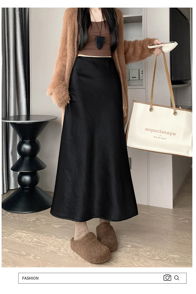 New Autumn Winter Solid Satin Silk Mermaid Skirt Women Fashion High Waist Office Ladies Work Warmth Party Long Maxi Skirt