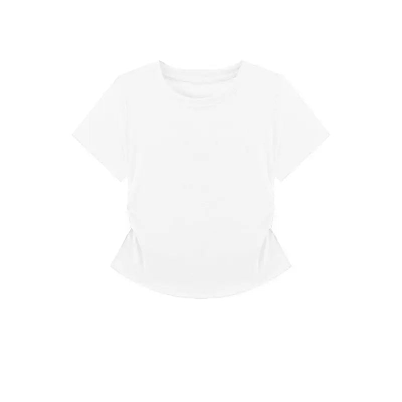 Summer Slim Fit Top for Women Casual Threaded Waist Cinched U-Shaped Hem Short Sleeve Irregular Hemline Women's Clothing