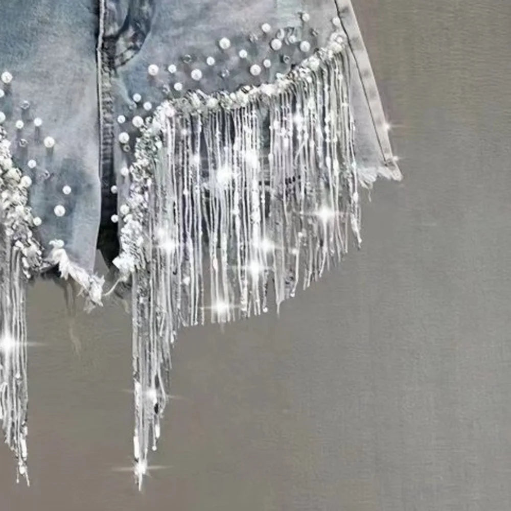 New 2026 Summer Women Heavy Beaded Rhinestone Shorts High Waist Sequin Tassel Ripped Wide Leg Hot Pants